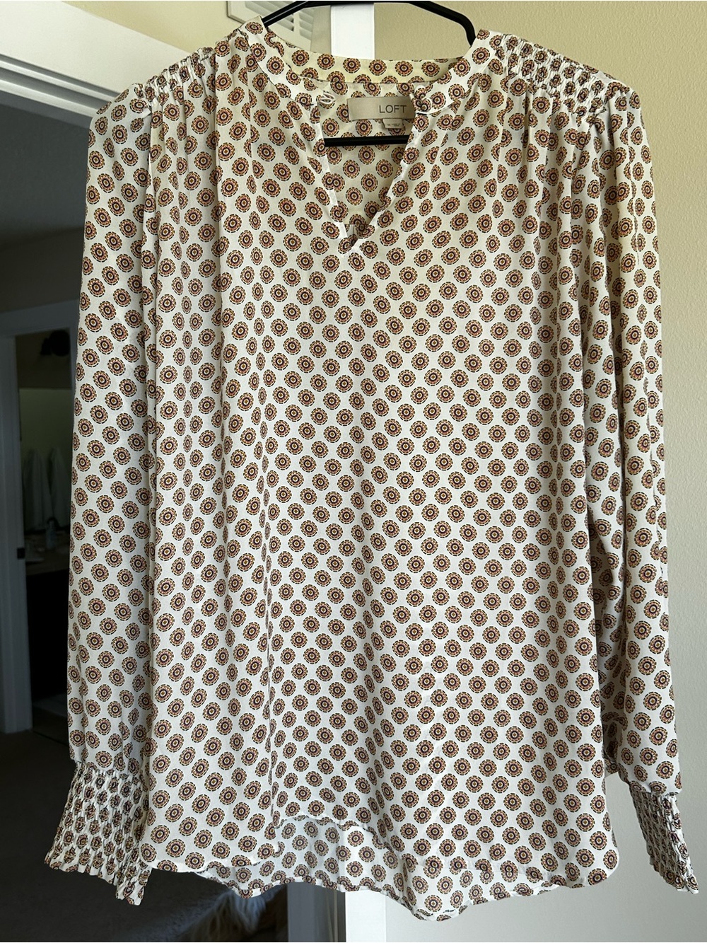 LOFT Cream Blouse with Brown Floral Motif